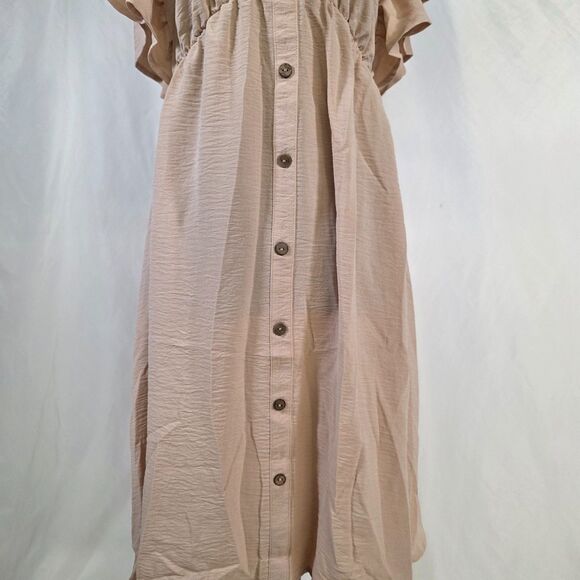 Ruffle Sleeve V Neck High Waist Button Down Babydoll Tunic Dress Size Medium - Picture 5 of 11